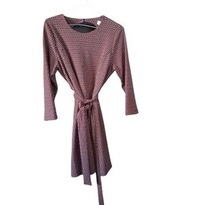 Emma & Michele Belted Peek a Boo Back Midi Dress Long Slve. Multicolor Geo L